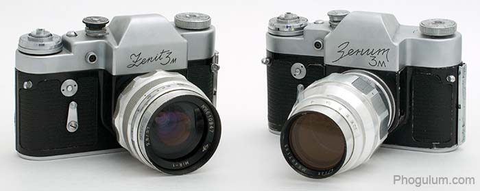 Two Zenit 3M cameras, the others name is in Russian. Lenses are wide angle Mir-1 and telephoto Jupiter-11.
